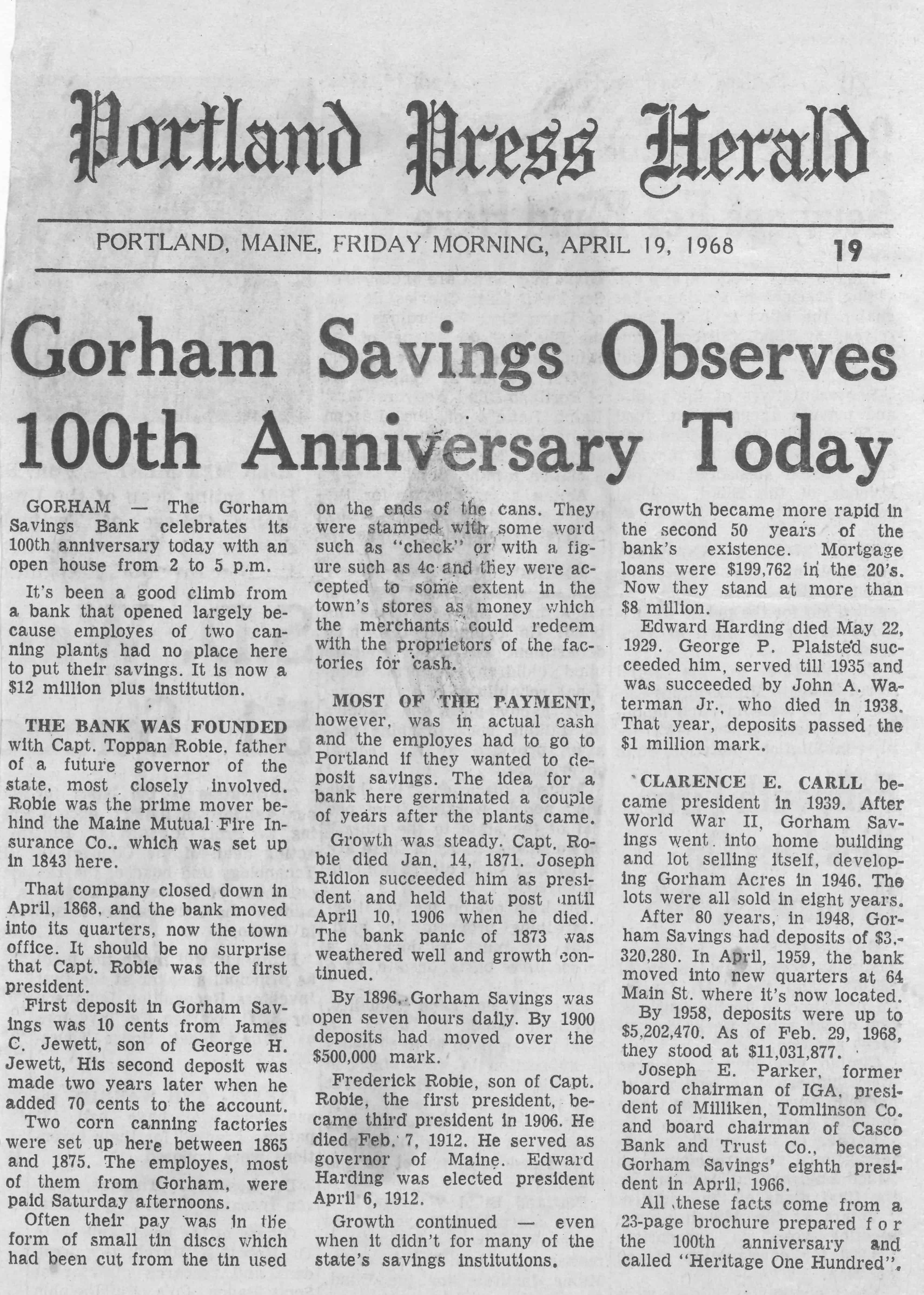 Gorham Savings Bank Celebrates 100 year anniversary