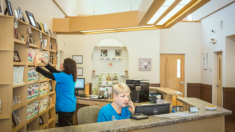 Veterinary Hospital with staff answering phones and filing paperwork